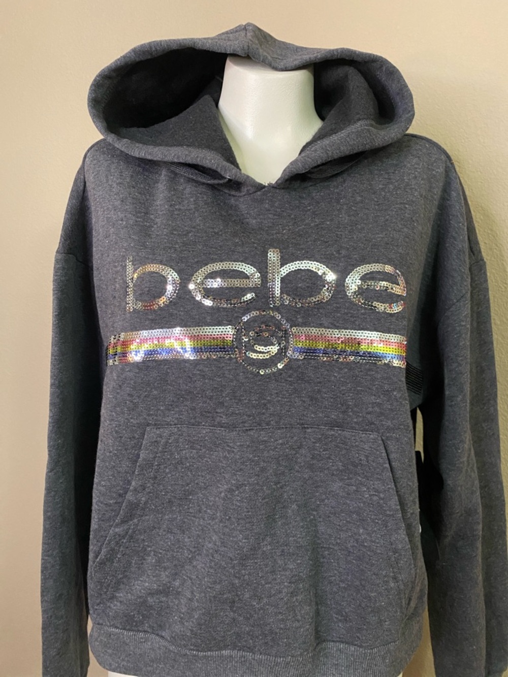 bebe Charcoal Gray Hooded Sweatshirt with  front Sequin rainbow Logo 1X 💕💕